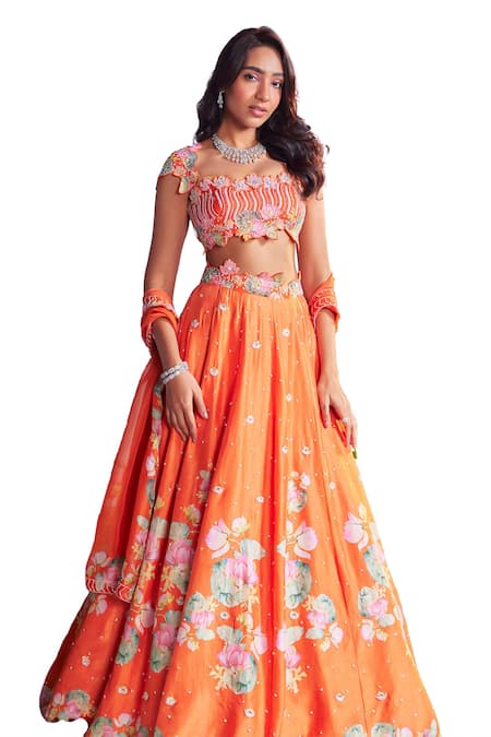 Nea By Nikita Tiwari_Orange Silk, Organza Sequins, Beads Keyhole Lotus Print Embroidered Lehenga Set _Online_at_Aza_Fashions