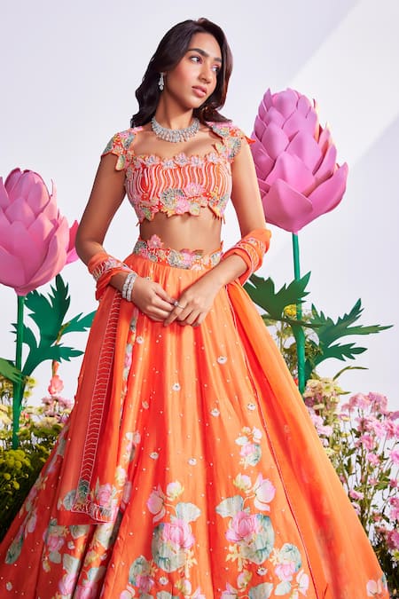 Buy_Nea By Nikita Tiwari_Orange Silk, Organza Sequins, Beads Keyhole Lotus Print Embroidered Lehenga Set _Online_at_Aza_Fashions