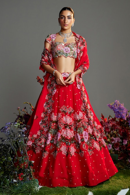 Nea by Nikita Tiwari Red Raw Silk Hand Embroidered Floral Cutout Phool Bhag Lehenga Set 