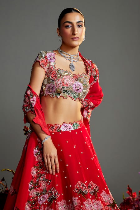 Nea By Nikita Tiwari_Red Silk, Organza Sequins, Beads Keyhole Neck Floral Embroidered Lehenga Set _Online_at_Aza_Fashions