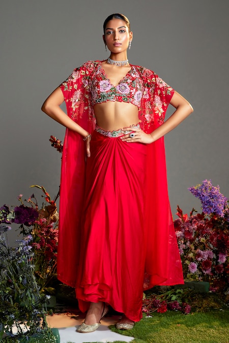 Nea by Nikita Tiwari Red Raw Silk Hand Embroidered Floral Phool Bhag Cape With Dhoti Skirt Set