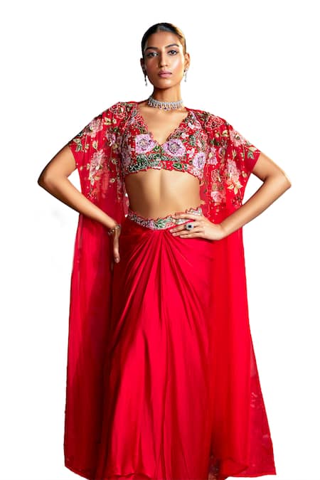 Nea By Nikita Tiwari_Red Silk, Organza Embroidery, Sequins, Phool Bhag Cape With Dhoti Skirt Set _Online_at_Aza_Fashions