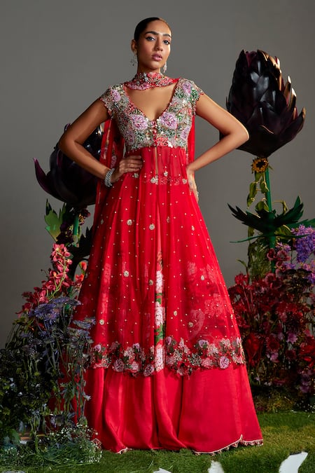 Nea by Nikita Tiwari Red Raw Silk Hand Embroidered Floral Plunge-v Phool Bhag Anarkali Lehenga Set