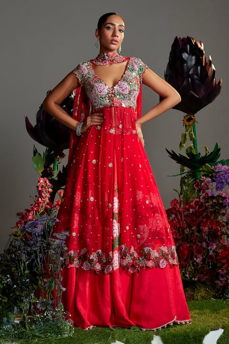 Nea by Nikita Tiwari Red Raw Silk Hand Embroidered Floral Plunge-v Phool Bhag Anarkali Lehenga Set 