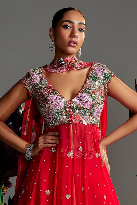 Nea By Nikita Tiwari_Red Silk, Organza Sequins, Phool Bhag Hand Embroidered Anarkali Lehenga Set _Online_at_Aza_Fashions