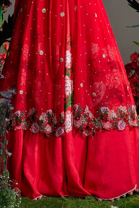 Buy_Nea By Nikita Tiwari_Red Silk, Organza Sequins, Phool Bhag Hand Embroidered Anarkali Lehenga Set _Online_at_Aza_Fashions