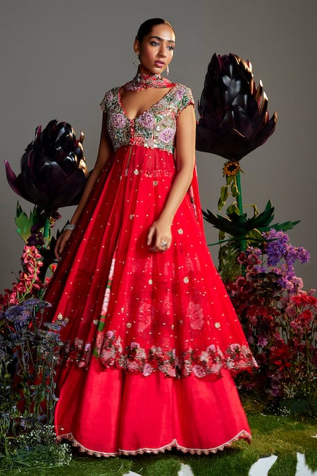 Shop_Nea By Nikita Tiwari_Red Silk, Organza Sequins, Phool Bhag Hand Embroidered Anarkali Lehenga Set _Online_at_Aza_Fashions