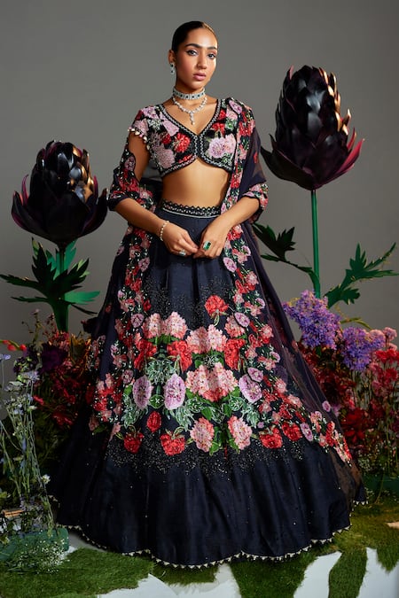 Nea by Nikita Tiwari Black Raw Silk Hand Embroidered Floral V-neck Phool Lehenga Set