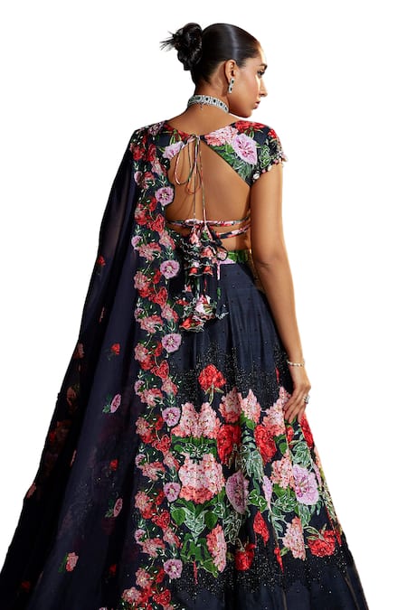 Nea By Nikita Tiwari Black Silk, Organza Sequins, Beads V-neck Phool Embroidered Lehenga Set Online at Aza Fashions Nea By Nikita Tiwari_Black Silk, Organza Sequins, Beads V-neck Phool Embroidered Lehenga Set _Online_at_Aza_Fashions