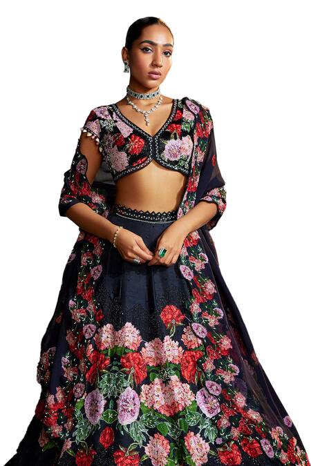 Buy Nea By Nikita Tiwari Black Silk, Organza Sequins, Beads V-neck Phool Embroidered Lehenga Set Online at Aza Fashions Buy_Nea By Nikita Tiwari_Black Silk, Organza Sequins, Beads V-neck Phool Embroidered Lehenga Set _Online_at_Aza_Fashions