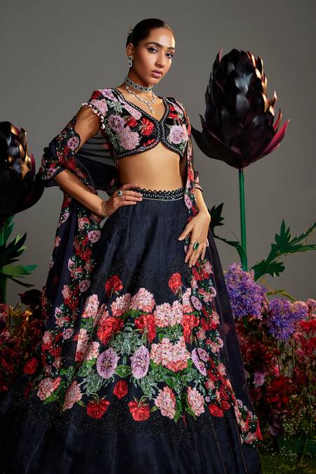 Shop Nea By Nikita Tiwari Black Silk, Organza Sequins, Beads V-neck Phool Embroidered Lehenga Set Online at Aza Fashions Shop_Nea By Nikita Tiwari_Black Silk, Organza Sequins, Beads V-neck Phool Embroidered Lehenga Set _Online_at_Aza_Fashions