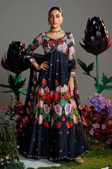 Nea by Nikita Tiwari Black Raw Silk Hand Embroidered Floral Leaf Phool Bhag Anarkali With Dupatta