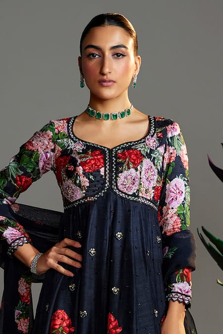 Nea By Nikita Tiwari_Black Silk, Organza Embroidery, Sequins, Phool Bhag Hand Anarkali With Dupatta _Online_at_Aza_Fashions