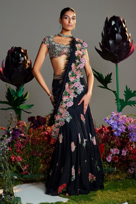 Nea by Nikita Tiwari Black Viscose Georgette Hand Embroidered Phool Bhag Pre-draped Saree Skirt Set