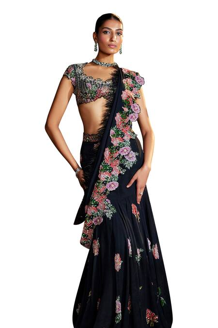 Nea By Nikita Tiwari Black Viscose, Georgette Embroidery, Phool Bhag Pre-draped Saree Skirt Set Online at Aza Fashions Nea By Nikita Tiwari_Black Viscose, Georgette Embroidery, Phool Bhag Pre-draped Saree Skirt Set _Online_at_Aza_Fashions