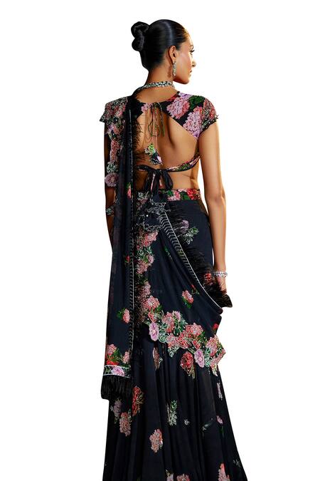 Shop Nea By Nikita Tiwari Black Viscose, Georgette Embroidery, Phool Bhag Pre-draped Saree Skirt Set Online at Aza Fashions Shop_Nea By Nikita Tiwari_Black Viscose, Georgette Embroidery, Phool Bhag Pre-draped Saree Skirt Set _Online_at_Aza_Fashions