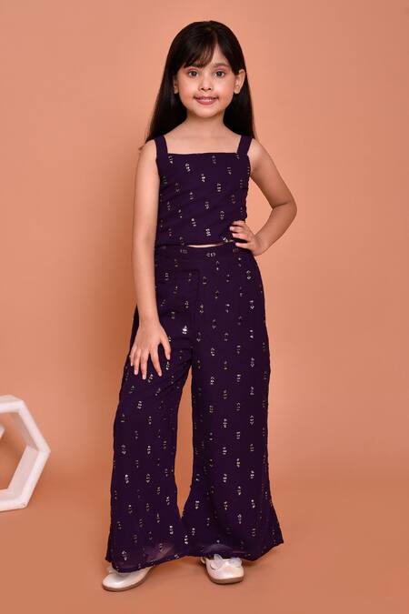 Petite Pomme_Cream Georgette, Polyester Beads, Stones Embroidered Top Palazzo Set_Online_at_Aza_Fashions