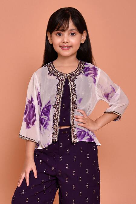 Shop_Petite Pomme_Cream Georgette, Polyester Beads, Stones Embroidered Top Palazzo Set_Online_at_Aza_Fashions