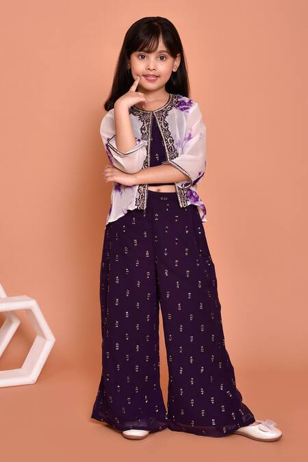 Petite Pomme_Cream Georgette, Polyester Beads, Stones Embroidered Top Palazzo Set_at_Aza_Fashions