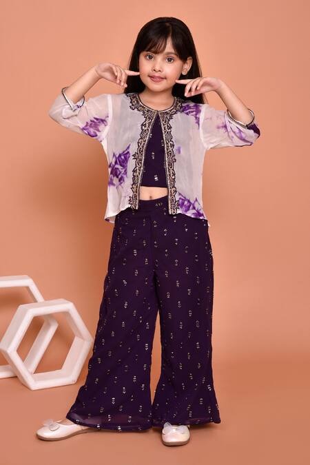 Buy_Petite Pomme_Cream Georgette, Polyester Beads, Stones Embroidered Top Palazzo Set