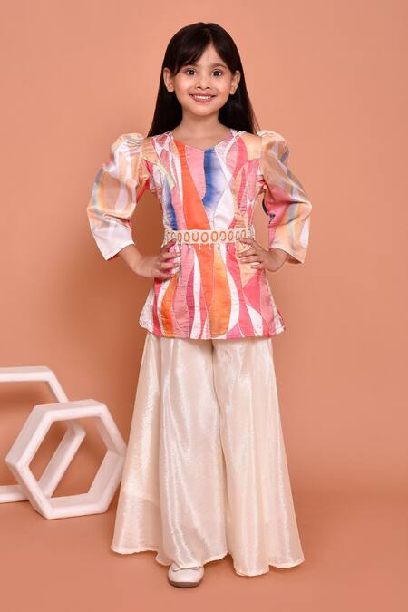 Petite Pomme_Multi Color Polyester, Net Beads, Stones Abstract Print Kurta Palazzo Set_at_Aza_Fashions