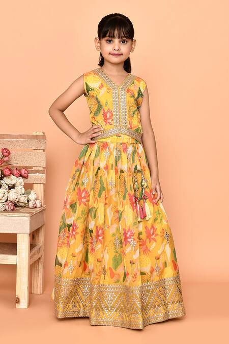 Petite Pomme_Yellow Polyester, Net Stones, Embroidery Flower Print Lehenga Blouse Set_Online_at_Aza_Fashions