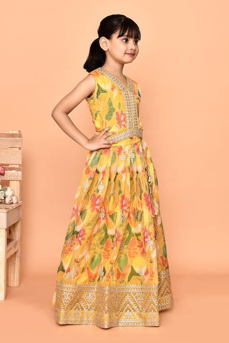 Buy_Petite Pomme_Yellow Polyester, Net Stones, Embroidery Flower Print Lehenga Blouse Set_Online_at_Aza_Fashions