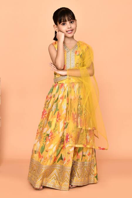 Shop_Petite Pomme_Yellow Polyester, Net Stones, Embroidery Flower Print Lehenga Blouse Set_Online_at_Aza_Fashions
