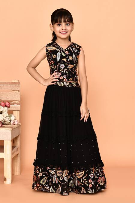 Petite Pomme_Black Georgette, Net Sequins, Embroidery Floral Lehenga Blouse Set_Online_at_Aza_Fashions