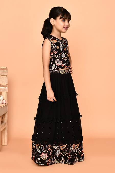 Buy_Petite Pomme_Black Georgette, Net Sequins, Embroidery Floral Lehenga Blouse Set_Online_at_Aza_Fashions