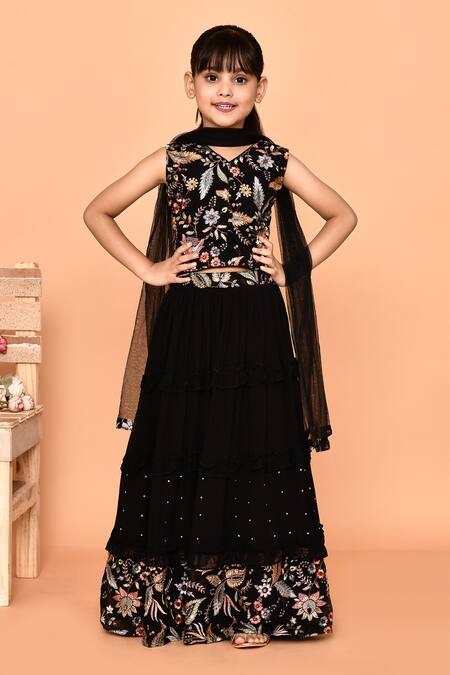 Shop_Petite Pomme_Black Georgette, Net Sequins, Embroidery Floral Lehenga Blouse Set_Online_at_Aza_Fashions
