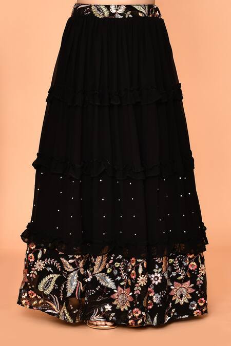 Petite Pomme_Black Georgette, Net Sequins, Embroidery Floral Lehenga Blouse Set_at_Aza_Fashions