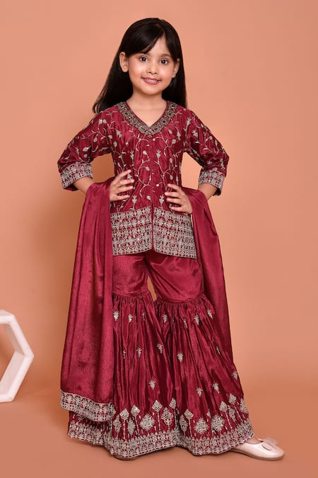 Samyukta Singhania Maroon Polyester Embroidered Zari Work Sequins And Kurta Gharara Set 