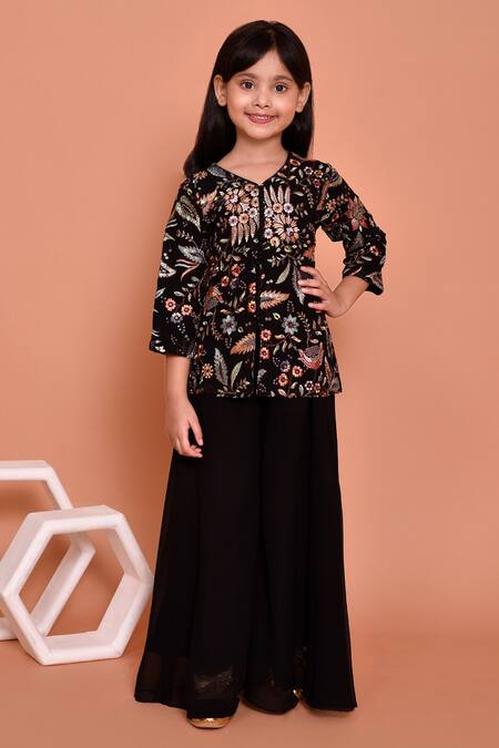 Buy_Petite Pomme_Black Georgette Sequins Embroidered Kurta Palazzo Set_Online_at_Aza_Fashions