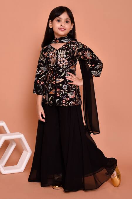 Shop_Petite Pomme_Black Georgette Sequins Embroidered Kurta Palazzo Set