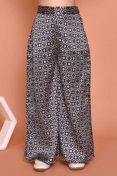 Buy_Petite Pomme_Grey Satin Mirrors, Stones Floral Print Kurta Palazzo Set_Online_at_Aza_Fashions