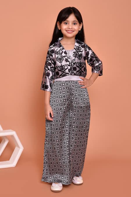 Shop_Petite Pomme_Grey Satin Mirrors, Stones Floral Print Kurta Palazzo Set_Online_at_Aza_Fashions