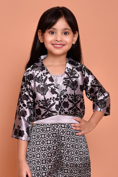 Petite Pomme_Grey Satin Mirrors, Stones Floral Print Kurta Palazzo Set_at_Aza_Fashions