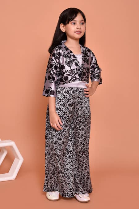 Shop_Petite Pomme_Grey Satin Mirrors, Stones Floral Print Kurta Palazzo Set