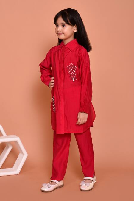 Buy_Petite Pomme_Red Polyester Beads, Stones Embroidered Shirt Kurta With Pant_Online_at_Aza_Fashions