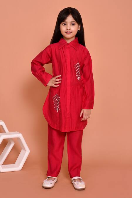 Petite Pomme_Red Polyester Beads, Stones Embroidered Shirt Kurta With Pant_at_Aza_Fashions
