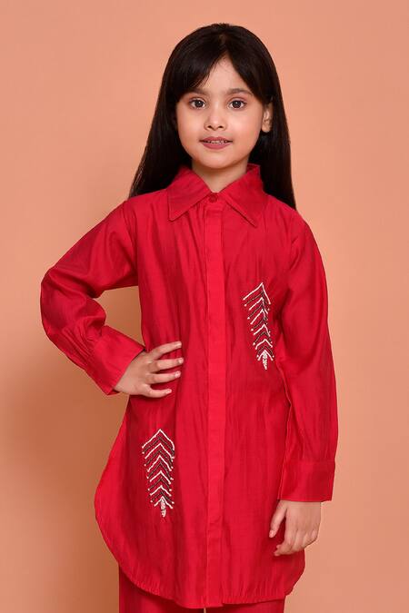 Buy_Petite Pomme_Red Polyester Beads, Stones Embroidered Shirt Kurta With Pant