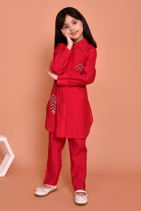 Shop_Petite Pomme_Red Polyester Beads, Stones Embroidered Shirt Kurta With Pant