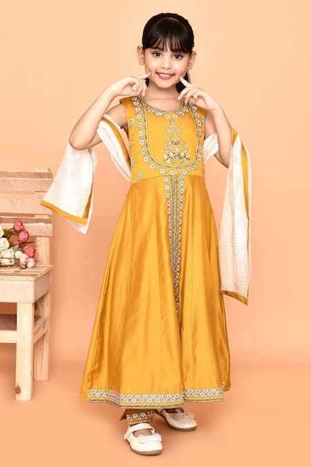 Samyukta Singhania Yellow Cotton Embroidery Stones Floral Anarkali And Pant Set 