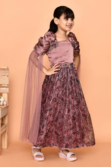 Shop_Petite Pomme_Purple Satin Beads, Stones Floral Print Embroidered Puff Sleeve Gown_Online_at_Aza_Fashions