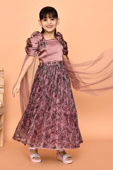 Petite Pomme_Purple Satin Beads, Stones Floral Print Embroidered Puff Sleeve Gown_at_Aza_Fashions