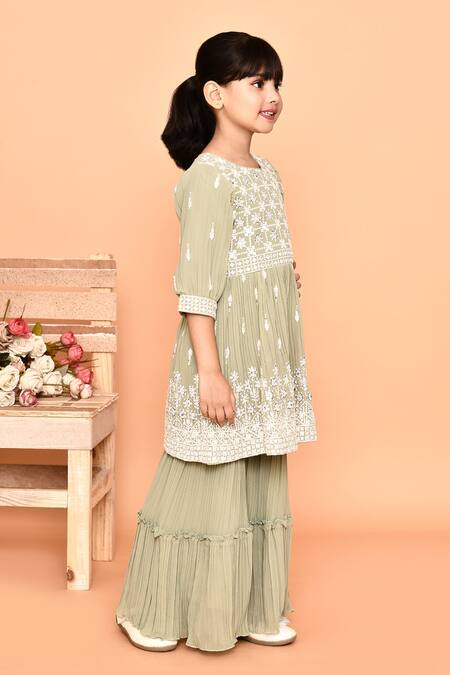 Shop_Samyukta Singhania_Green Polyester Embroidery, Sequins Floral Peplum Kurta And Sharara Set_Online_at_Aza_Fashions