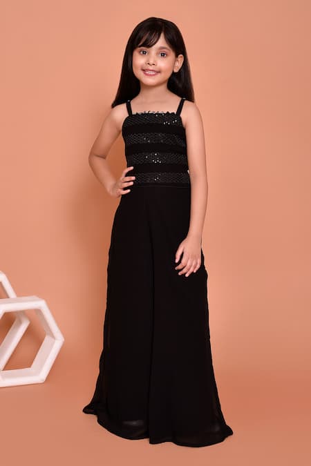 Petite Pomme_Black Georgette Sequins, Embroidery Floral Print Jacket With Palazzo Set_Online_at_Aza_Fashions