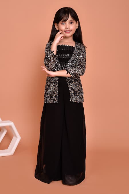 Shop_Petite Pomme_Black Georgette Sequins, Embroidery Floral Print Jacket With Palazzo Set_Online_at_Aza_Fashions