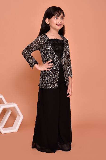 Petite Pomme_Black Georgette Sequins, Embroidery Floral Print Jacket With Palazzo Set_at_Aza_Fashions